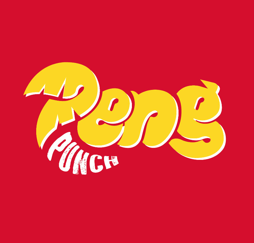 Red background with yellow Peng and white punch 